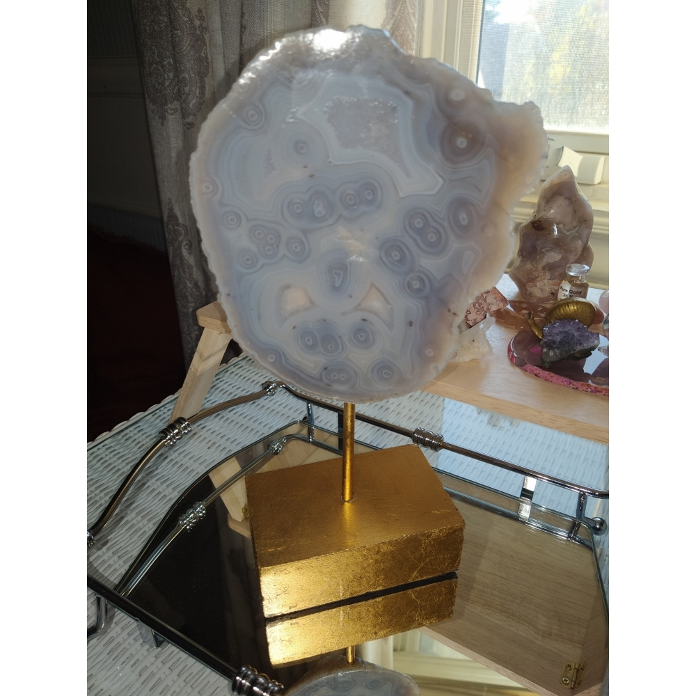 Polished Agate On Brass-colored Metal Stand & Stone base. 6.7” x 10” x 2…